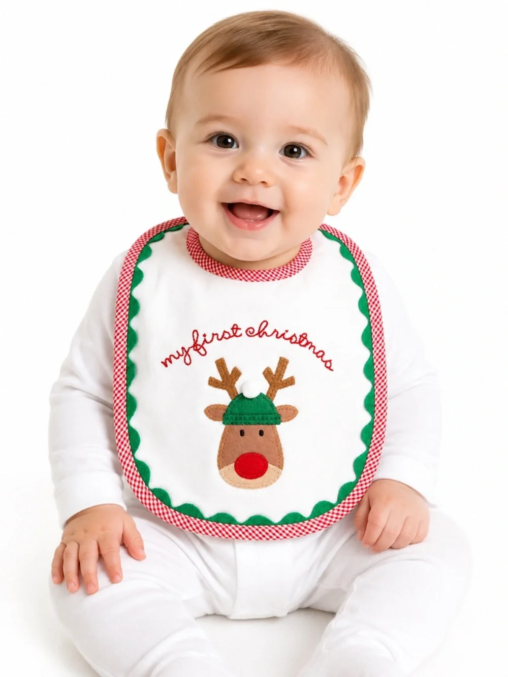 New - Mud Pie My First Christmas Reindeer Baby Bib | Red & Green